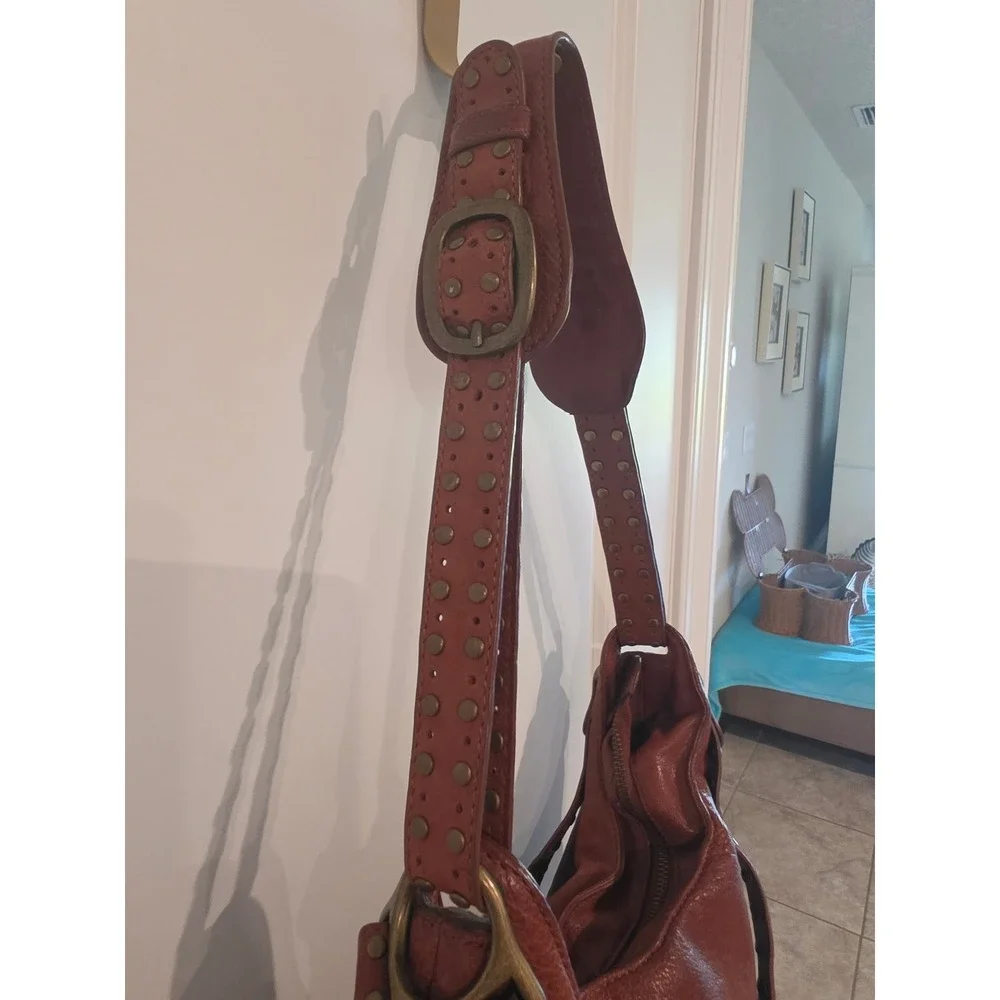 Koba Cognac Brown Leather Studded Hobo Shoulder Bag Brass Hardware Boho